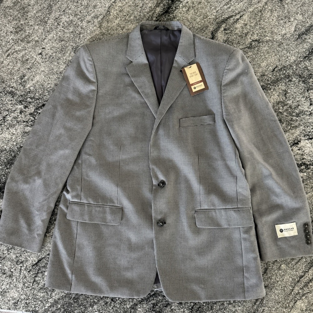 Haggar Men's 46L NWT Houndstooth Tailored Blazer Black/White Classic Fit #84